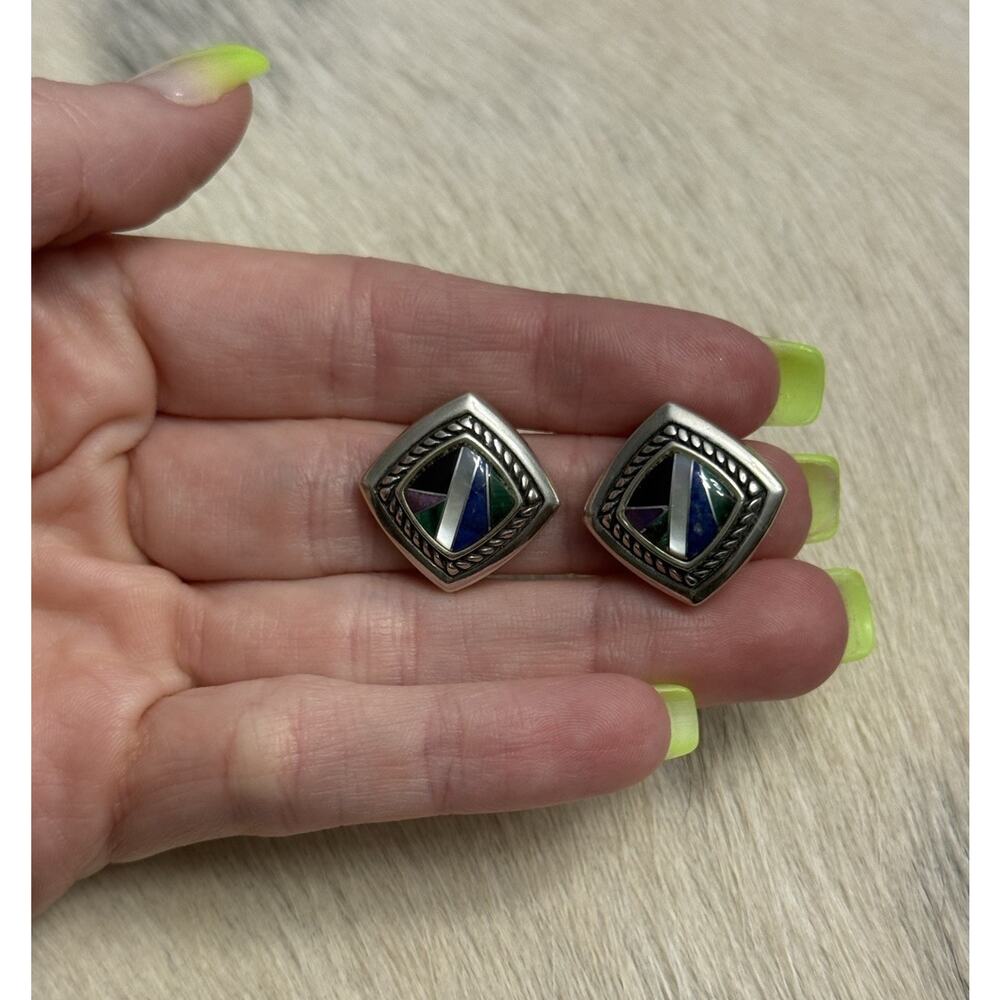 Carolyn Pollack Old Carlisle Inlaid Sterling Silver Malachite Onyx Post Earrings